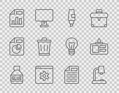 Set line Glue, Table lamp, Marker pen, Browser setting, Document with graph Stock Illustration