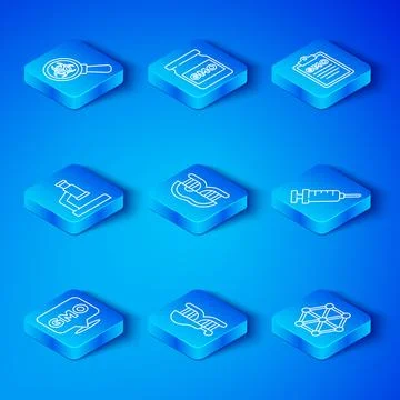 Set line GMO, Genetically modified meat, chicken, Syringe, Microscope, Bioh.. Illustrazione stock