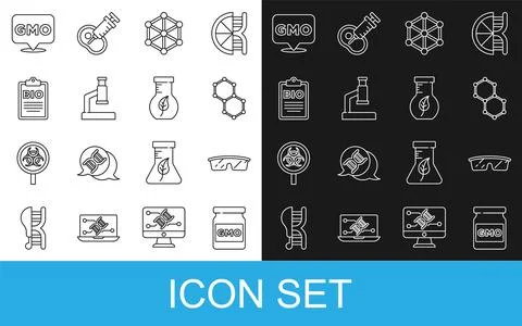 Set line GMO, Laboratory glasses, Chemical formula, Microscope, Document bi.. Illustrazione stock