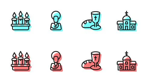Set line Goblet and bread, Burning candle in candlestick, Jesus Christ and Stock Illustration