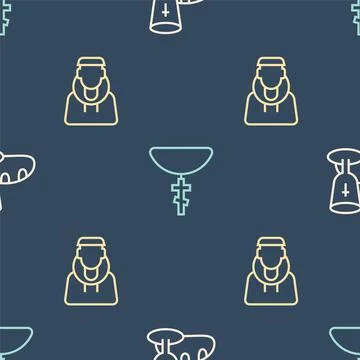 Set line Goblet and bread, Monk and Christian cross chain on seamless pattern 스톡 일러스트