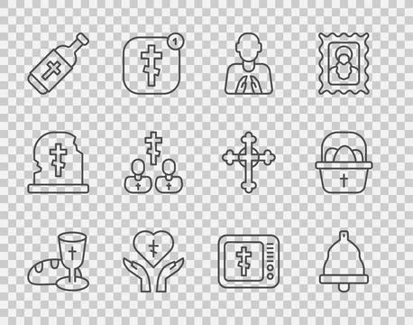 Set line Goblet and bread, Church bell, Hands in praying position, Religiou.. Stock Illustration