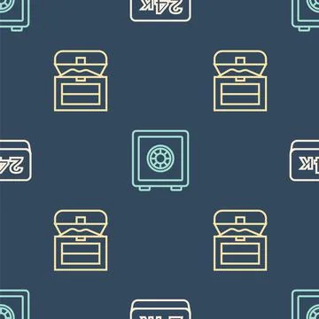 Set line Gold bars 24k, Antique treasure chest and Safe on seamless pattern 스톡 일러스트