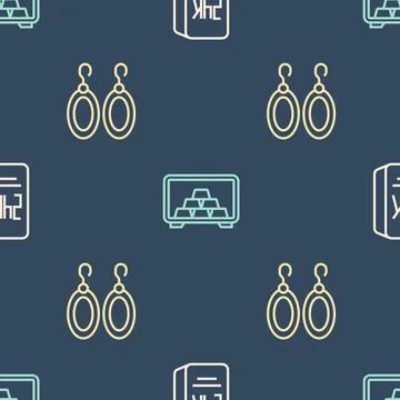 Set line Gold bars 24k, Earrings and Safe with gold on seamless pattern. Vector Stock Illustration