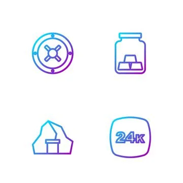 Set line Gold bars 24k, mine, Safe and . Gradient color icons. Vector Stock Illustration