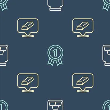 Set line Gold bars,  and Medal on seamless pattern. Vector Illustrazione stock