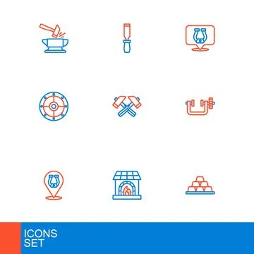 Set line Gold bars, Blacksmith oven, Horseshoe, Clamp and screw tool, Round.. Ilustração Stock