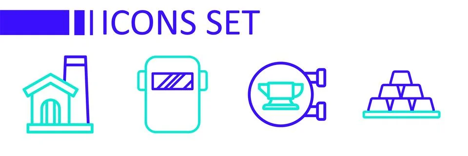 Set line Gold bars, Blacksmith anvil tool, Welding mask and Smithy workshop.. Stock Illustration