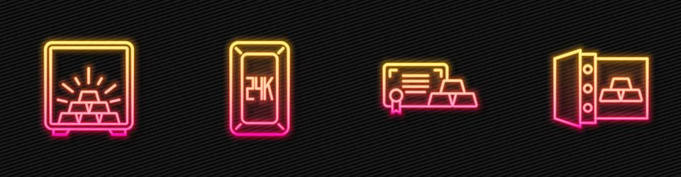 Set line Gold bars with certificate, Safe gold, 24k and . Glowing neon icon Stock Illustration
