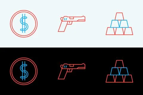 Set line Gold bars, Coin money with dollar and Pistol or gun icon. Vector Stock Illustration