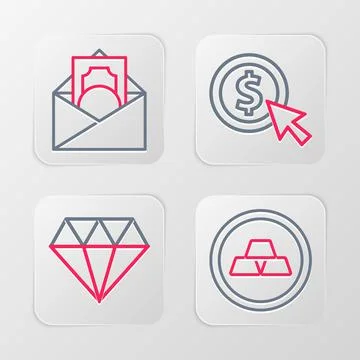 Set line Gold bars, Diamond, Coin money with dollar and Envelope symbol icon Stockillustratie