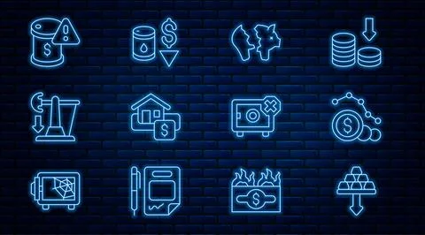Set line Gold bars, Dollar rate decrease, Broken piggy bank, Hanging sign with Stock Illustration