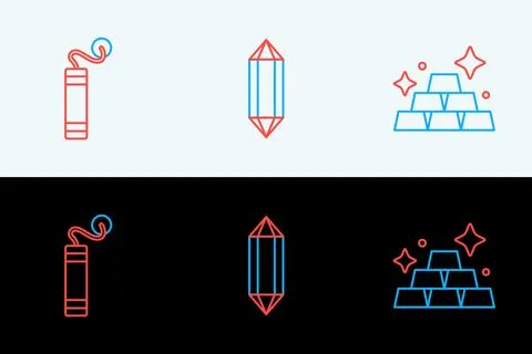 Set line Gold bars, Dynamite and Gem stone icon. Vector Illustrazione stock