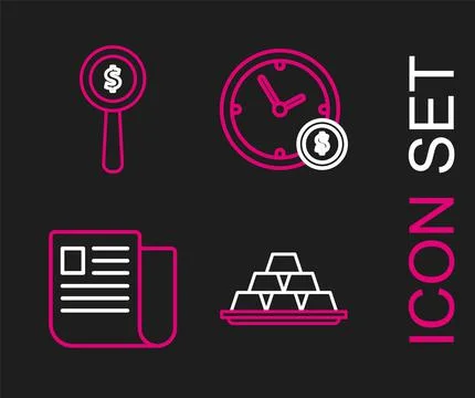 Set line Gold bars, File document, Time is money and Magnifying glass and dol Illustrazione stock