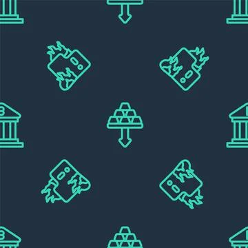 Set line Gold bars, Fire in burning house and Bank building on seamless pattern Stock Illustration