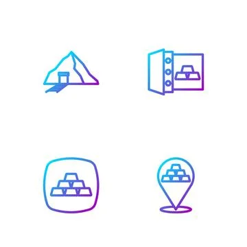 Set line Gold bars, mine and Safe with gold. Gradient color icons. Vector Stock Illustration