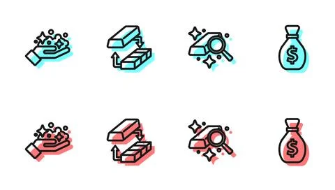 Set line Gold bars, mine, exchange money and Old bag icon. Vector Ilustração Stock