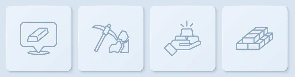 Set line Gold bars, mining and Stacks paper money cash. White square button 스톡 일러스트
