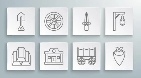 Set line Gold bars, Old wooden wheel, Wild west saloon, covered wagon, Cowboy Ilustración de archivo