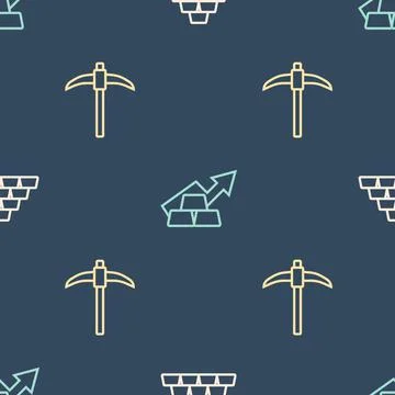 Set line Gold bars, Pickaxe and Growth arrow with gold on seamless pattern Illustrazione stock