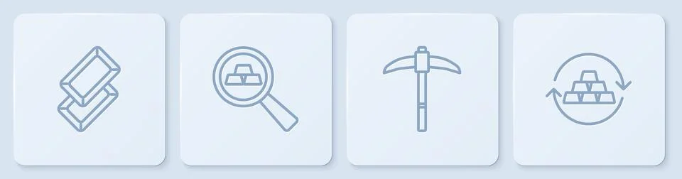Set line Gold bars, Pickaxe, and exchange money. White square button. Vector 스톡 일러스트