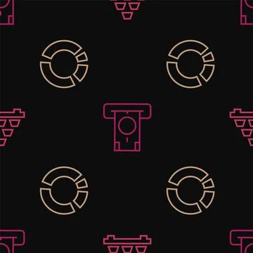 Set line Gold bars, Pie chart infographic and ATM and money on seamless pattern 스톡 일러스트