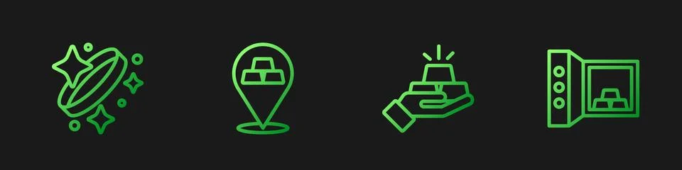 Set line Gold bars, ring, and Safe with gold. Gradient color icons. Vector Stock Illustration