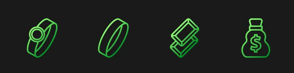 Set line Gold bars, ring, and Old money bag. Gradient color icons. Vector Stock Illustration