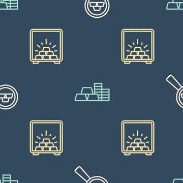 Set line Gold bars, Safe with gold and coin on seamless pattern. Vector Ilustración de archivo