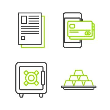 Set line Gold bars, Safe, Mobile phone and credit card and File document ic.. イラスト素材