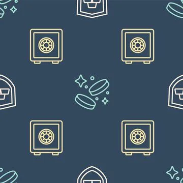 Set line Gold bars with shield, Safe and coin money on seamless pattern. Vector Ilustración de archivo