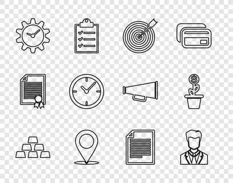 Set line Gold bars, User of man in business suit, Target with arrow, Map pi.. Ilustração Stock
