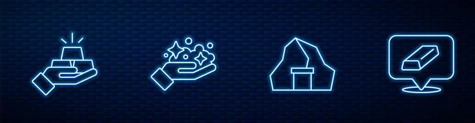 Set line Gold mine, bars, and . Glowing neon icon on brick wall. Vector Stock Illustration