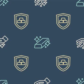 Set line Gold mine, bars with shield and on seamless pattern. Vector Illustrazione stock