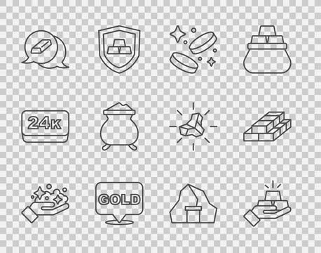 Set line Gold mine, bars, coin money, Molten gold being poured,  and Stacks.. Stock Illustration