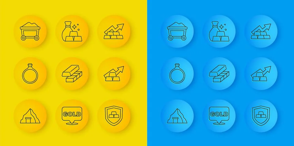 Set line Gold mine, ring, exchange money, bars with shield, Growth arrow gold Stock Illustration