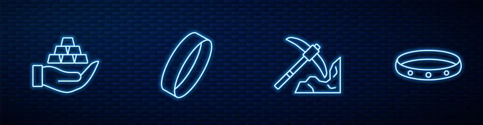 Set line Gold mining, bars hand, ring and . Glowing neon icon on brick wall Stock Illustration