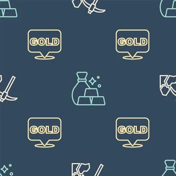 Set line Gold mining, bars and Bag of gold on seamless pattern. Vector Stock Illustration