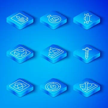 Set line Gold nugget, Ore mining, Soil analysis, Construction jackhammer, Drone Stock Illustration