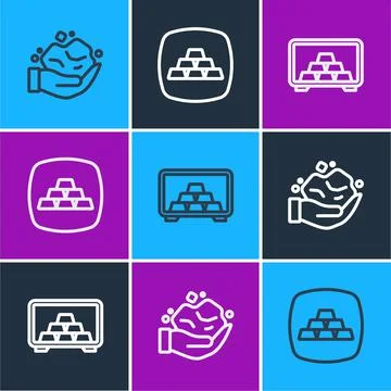 Set line Gold nugget, Safe with gold bars and icon. Vector Stockillustratie