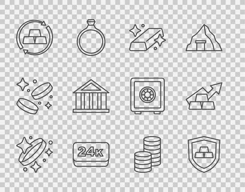 Set line Gold ring, bars with shield, 24k, exchange money, Bank building, coin Stock Illustration