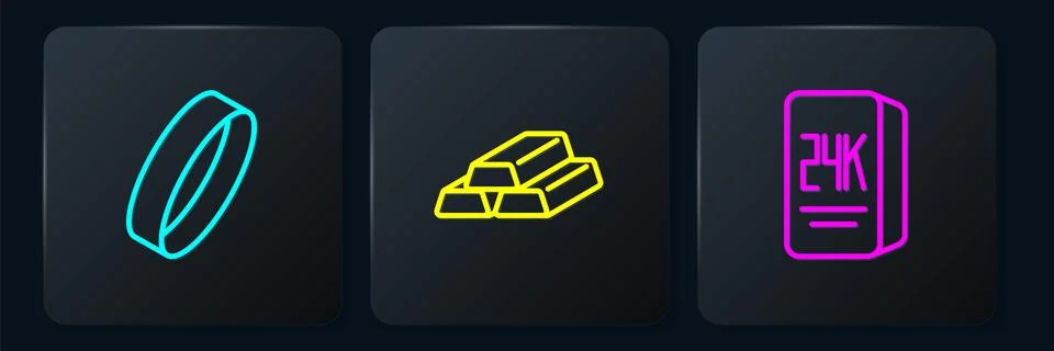 Set line Gold ring, bars 24k and . Black square button. Vector Stock Illustration