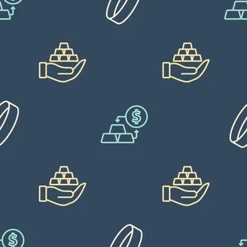 Set line Gold ring, bars hand and exchange money on seamless pattern. Vector Stock Illustration