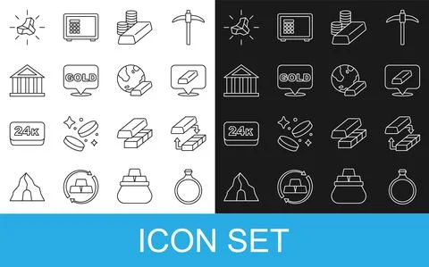Set line Gold ring, exchange money, bars, coin with gold, Bank building, nugget Ilustración de archivo