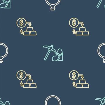 Set line Gold ring, exchange money and mining on seamless pattern. Vector Illustrazione stock