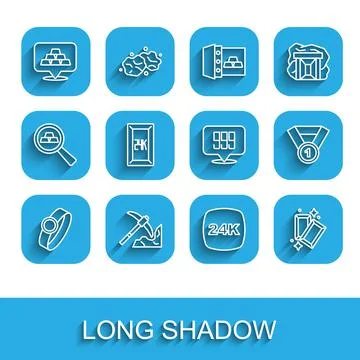 Set line Gold ring, mining, bars, 24k, medal and icon. Vector Stock Illustration