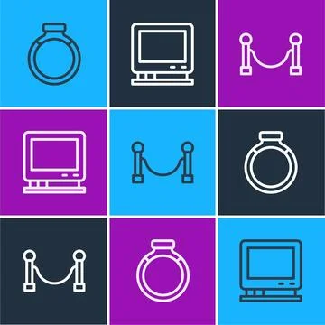 Set line Gold ring, Rope barrier and Retro tv icon. Vector Stock Illustration