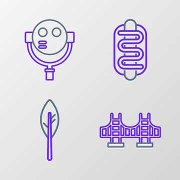 Set line Golden gate bridge, Indian feather, Hotdog sandwich and Tourist bi.. Stock Illustration