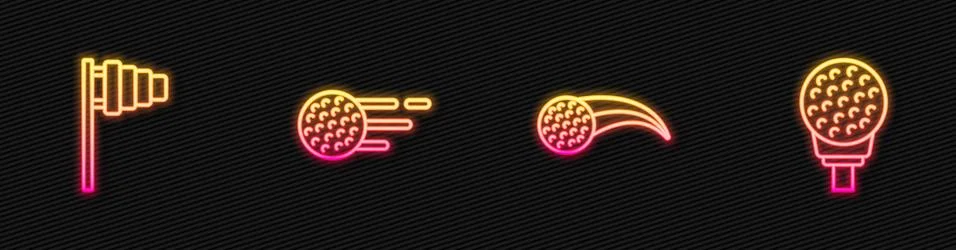 Set line Golf ball, flag, and on tee. Glowing neon icon. Vector Stock Illustration