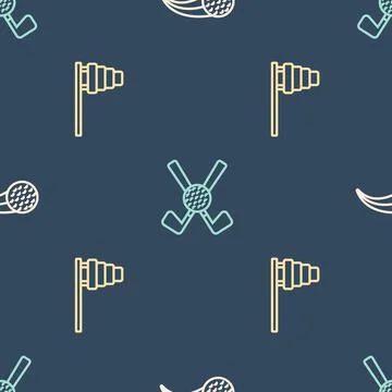 Set line Golf ball, flag and Crossed golf club with on seamless pattern. Vector Stock Illustration